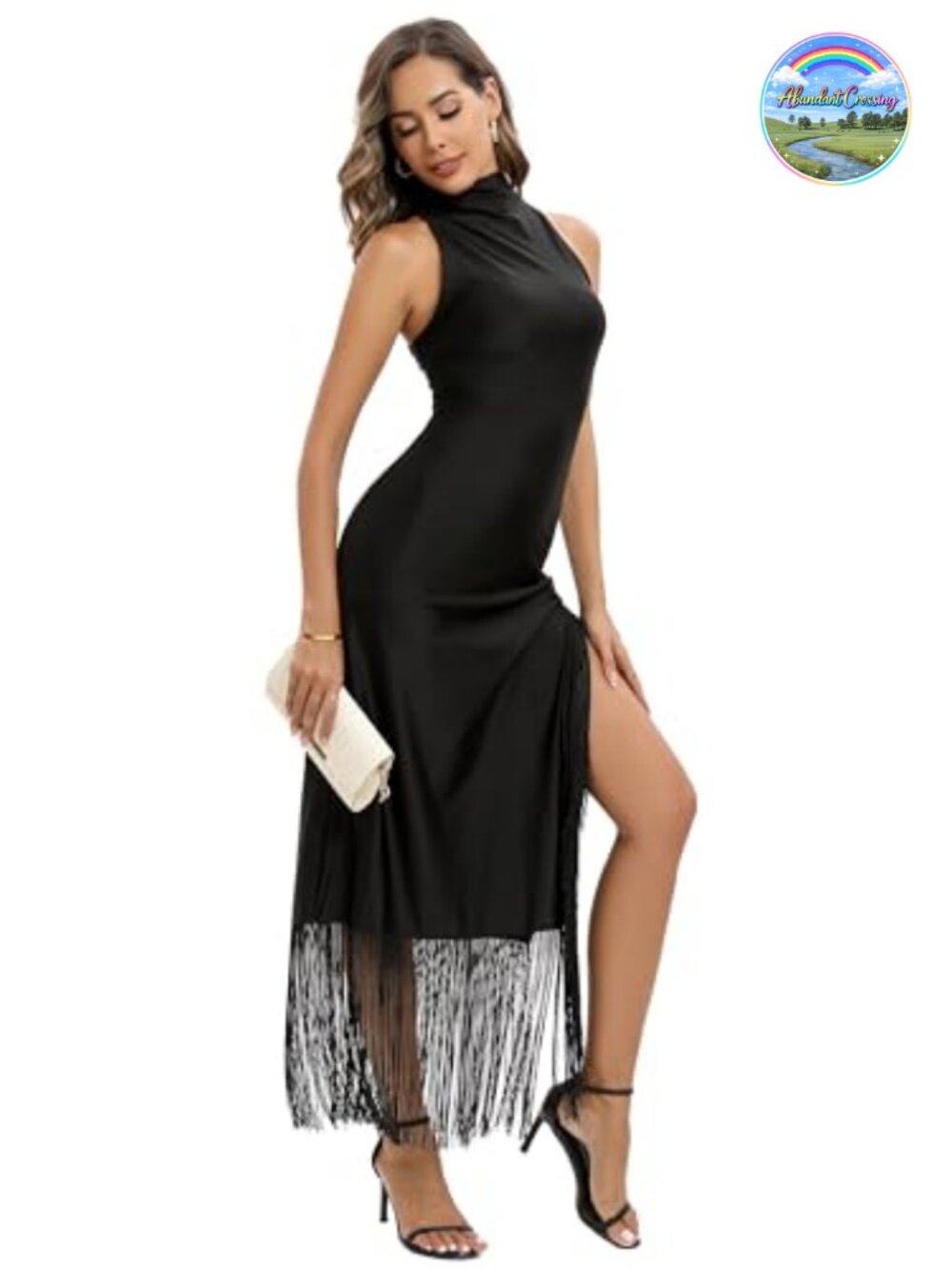 Womens Gatsby Vintage Flapper Maxi Dress Halter Tassel Hem Gown with Slit - Picture 5 of 6